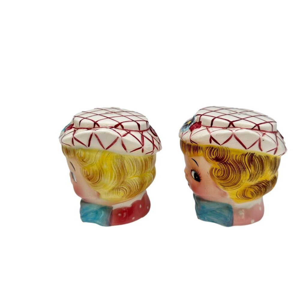 Vintage Salt & Pepper Set Two Girls Plaid Hats Ceramic Japan1950s - Picture 3 of 8